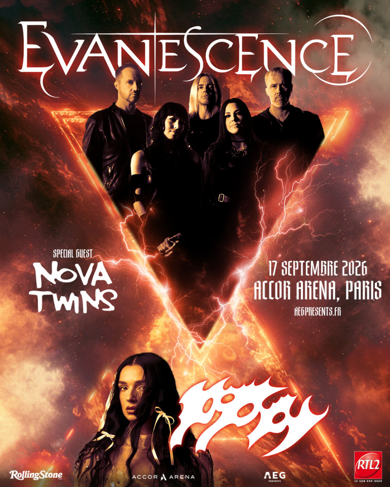 Affiche de la tournée 2026 d'Evanescence avec Poppy et Nova Twins - Concert à l'Accor Hotel Arena Paris le 17 septembre 2026